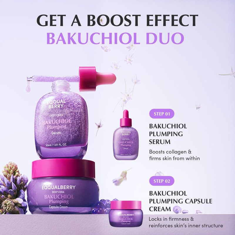 EQQUALBERRY Bakuchiol Plumping Face Serum - Retinol Natural Alternative for Sensitive Skin, with Niacinamide & Hyaluronic Acid, Pore & Wrinkle Korean Skin Care (1.01oz / 30ml)
