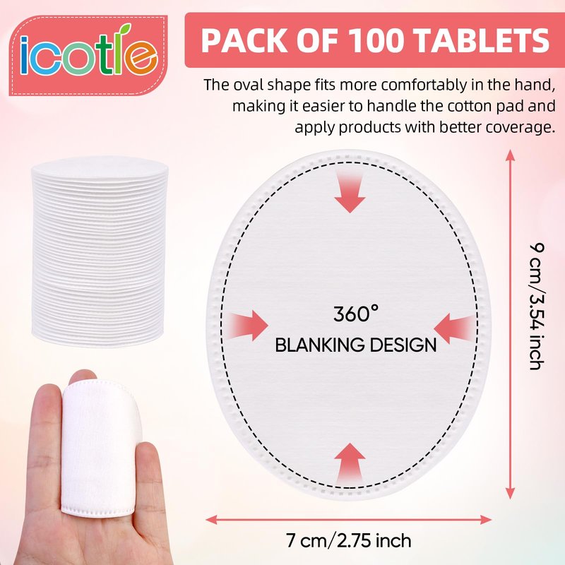 Oval Cotton Pads (100 Count) Ultra-Soft Cotton Ovals 100% Cotton Spunlace Purely Physical Technology, Large Makeup Remover Pads Facial Cotton Pads for Makeup Removal, Cleansing, Toner Application