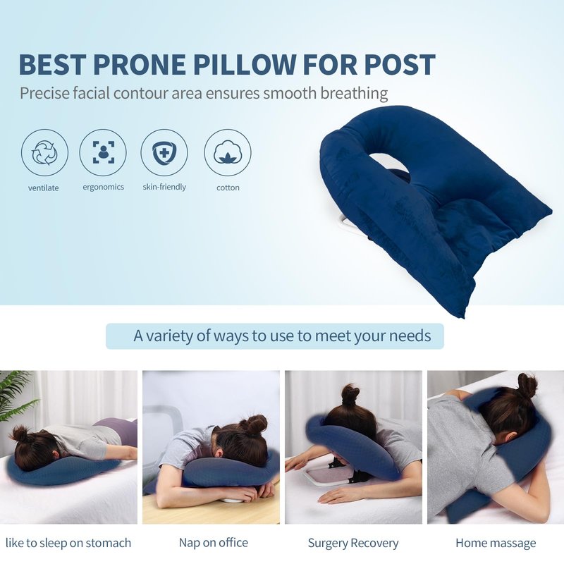 Face Down Pillow for Sleeping, Prone Pillow for Vitrectomy or Retinal Surgery, Adjustable Height Face Down Sleep, Retina Lying Eye Surgery Recovery (Velvet-Dark blue)