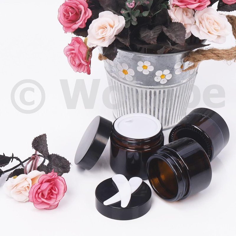 20Pcs 5ml Round Glass Jars with Liner Lids Spoons, 0.17oz Amber Refillable Cosmetic Storage Jars for Cream Lotion Liquid Powder