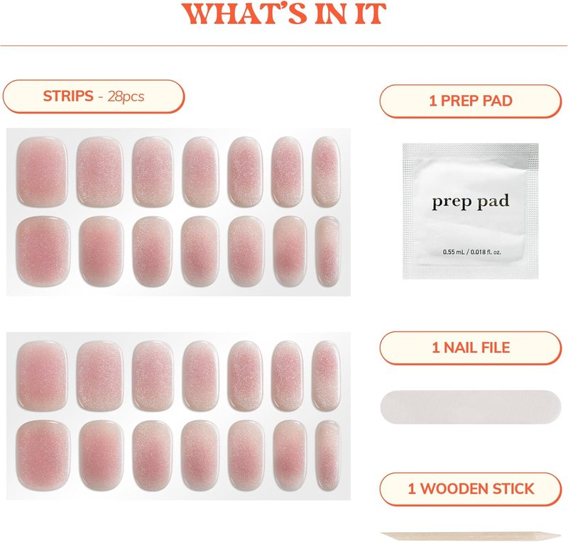 Heyhae Semi Cured Gel Nail Strips - Easy Apply & Remove, Salon Quality | Summer Marble Pink | 28 Strips, Prep Pads, Nail File & Stick