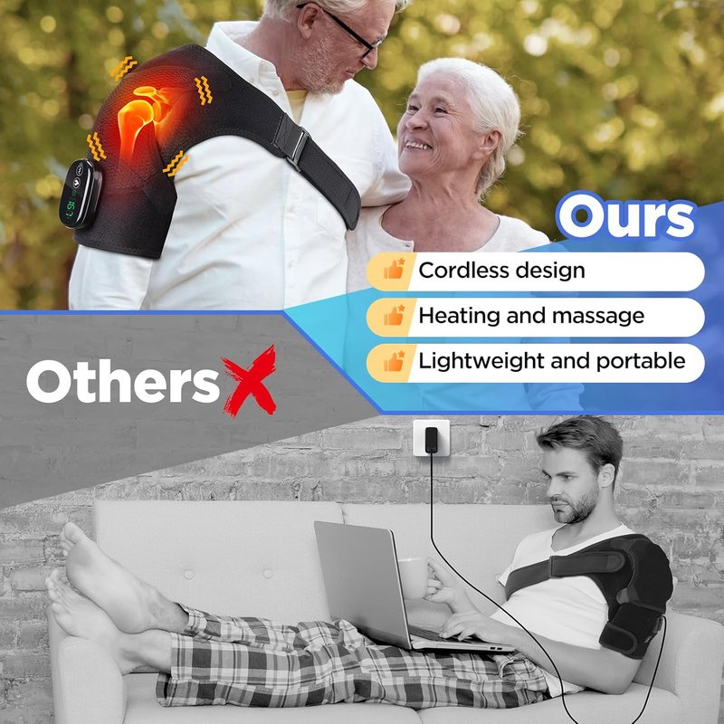 Cordless Portable Shoulder Heating Pad - Vibration Massager for Pain Relief | Adjustable Black Wrap for Rotator Cuff Support