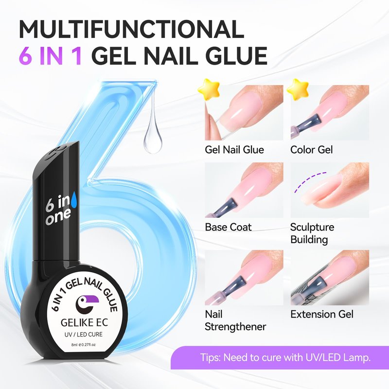 Gelike EC Nail Glue Gel 6 in 1 for Press-On Nails and Nail Tips Long Lasting Extension Strong Hold Brush-On UV Adhesive for Acrylic Tips Quick Dry Low-Odor No Pop-Off DIY at Home & Salon Art Use