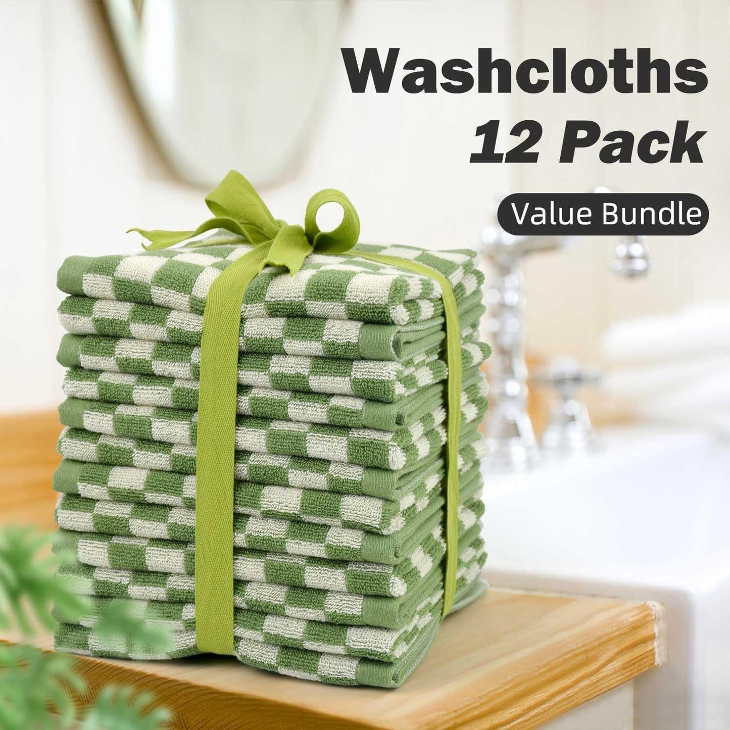 Jacquotha Wash Cloths Super Soft (Green Checkered), Wash Clothes 12 Pack Cotton Face Cloths for Washing Face Showering 13x13 Inches