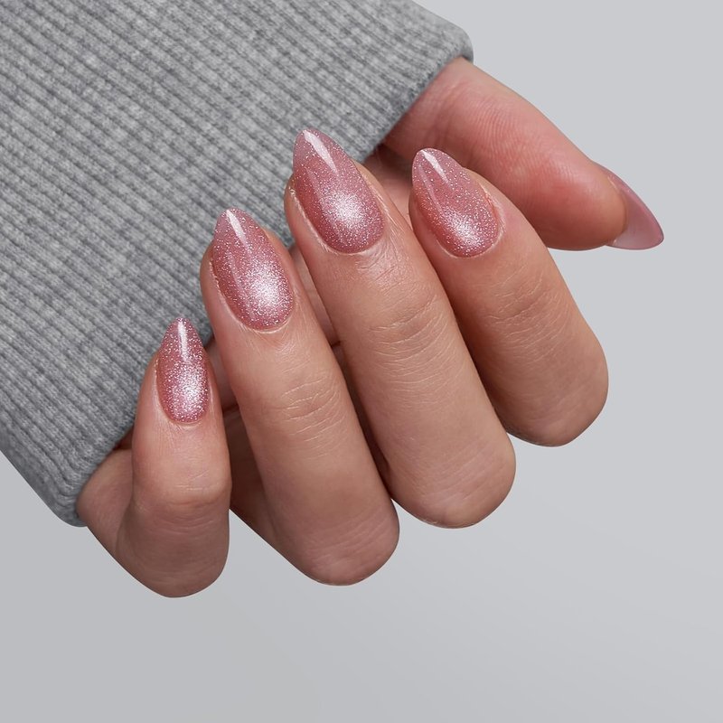 BTArtbox Press On Nails - Lamp-Curable Pink Cat Eye Almond Design | 32 Stick-On Nails Kit in 16 Sizes