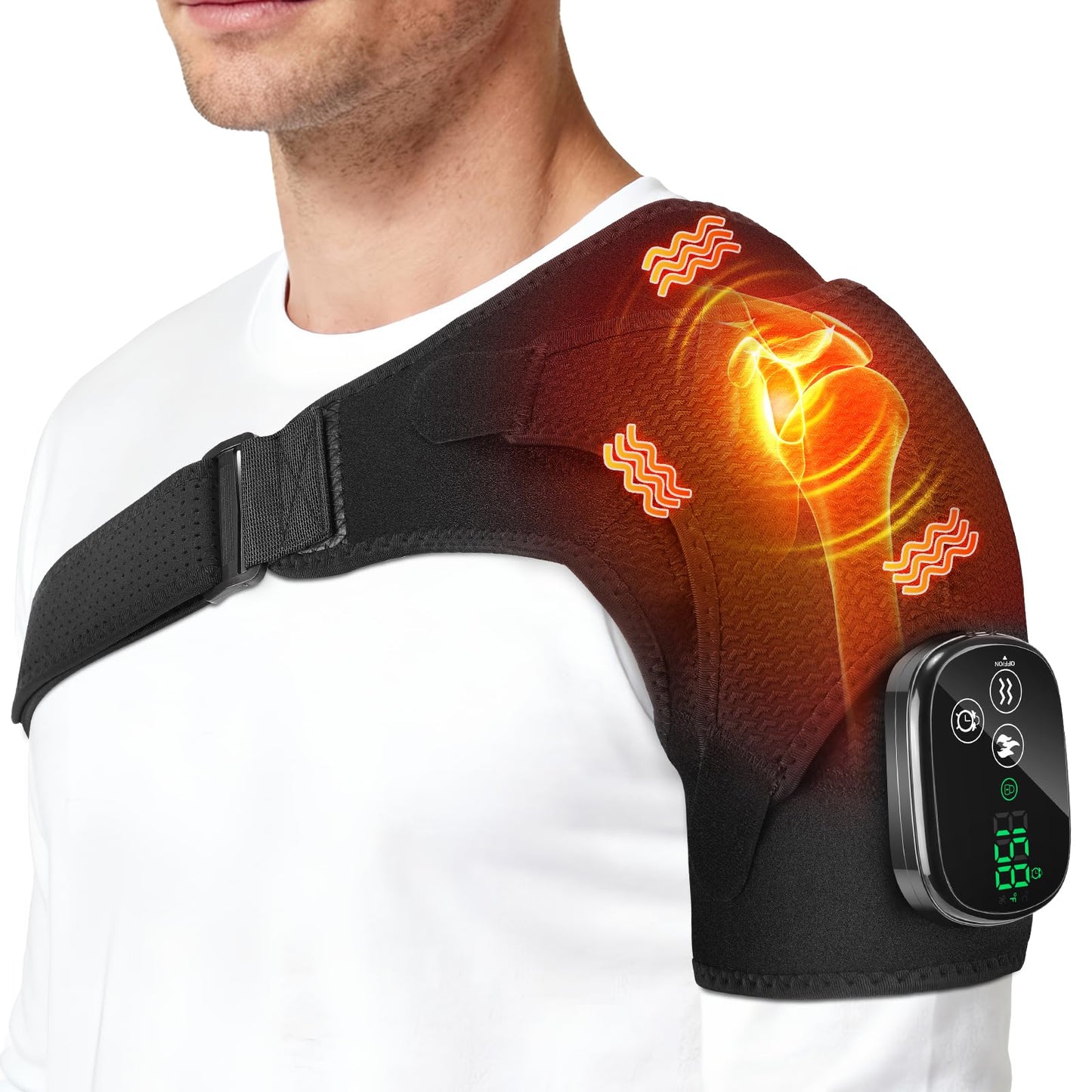 YUANBO Cordless Shoulder Heating Pad with Massager, Portable Shoulder Massager Wrap with 6 Timer & 3 Vibration with 6 Heat & Timer Modes Warmer for Men Women