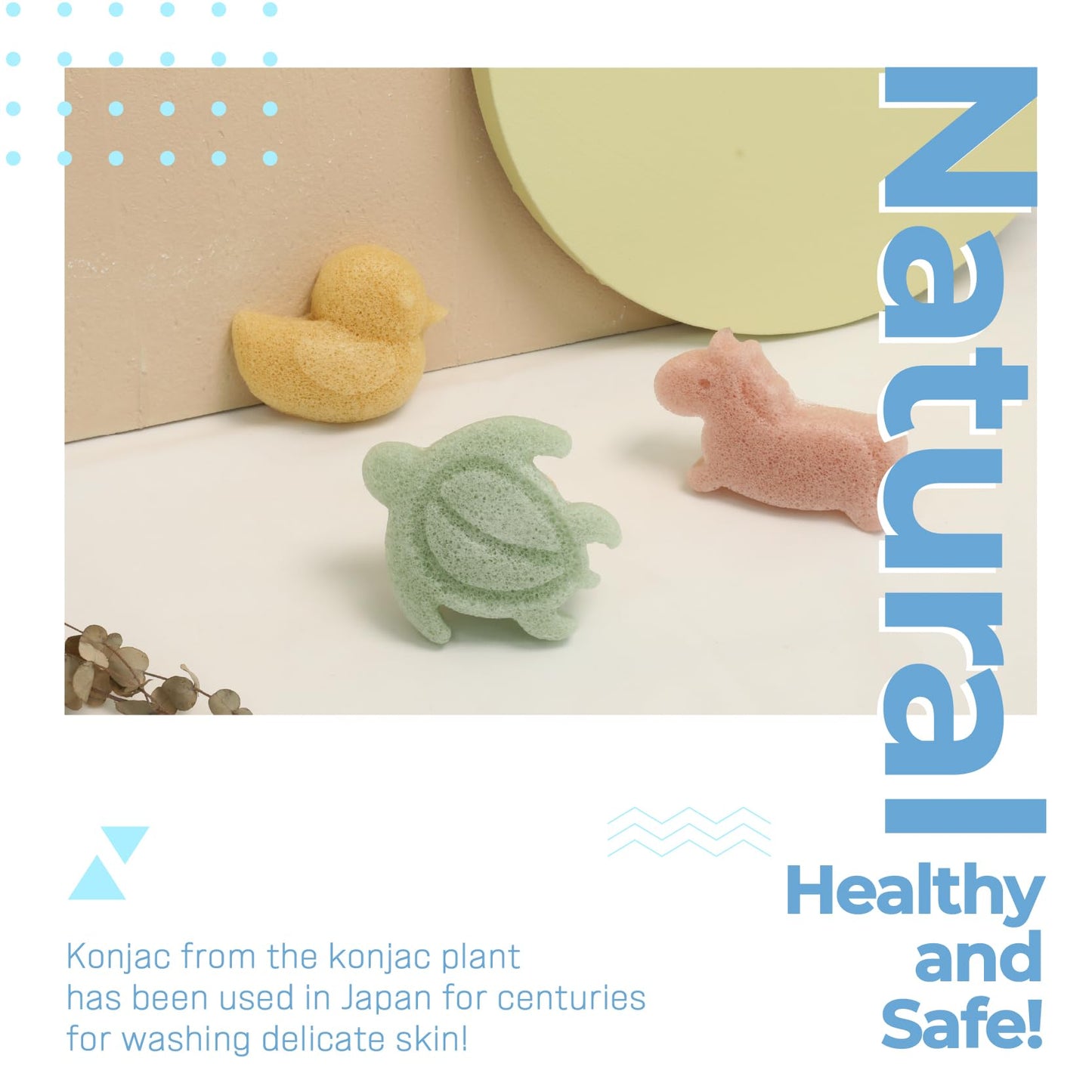 myHomeBody Konjac Baby Sponge for Bathing, Cute Shapes Natural Kids Bath loofah for Infants, Toddler, Newborns, Safe Plant-Based, 3pc. Set: Unicorn, Duck, Sea Turtle