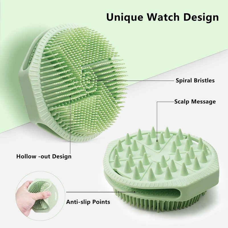 Mabnuby 2 Pack Silicone Body Scrubber, Exfoliating Silicone Loofah Shower Scrubber for Men & Women, 2-in-1 Food-Grade Antibacterial Dual-Sided Bath & Shampoo Brush for Sensitive Skin, Purple + Green
