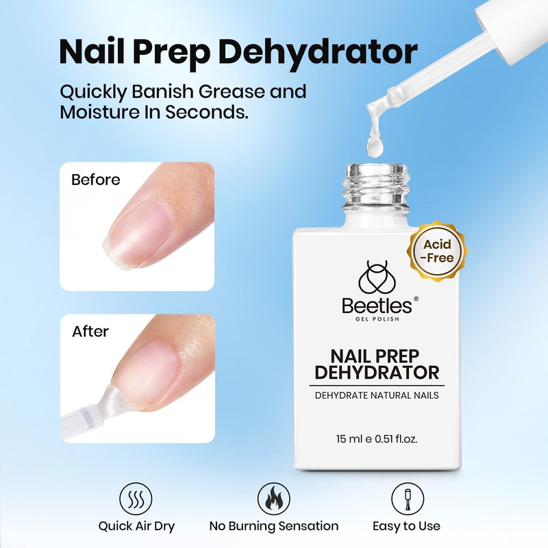 Beetles 4Pcs Gel Top Coat and Base Coat with Nail Dehydrator and Primer Set - Acid-Free & Hema-Free Nail Bond for Gel Polish & Acrylic Nails, Long-Lasting for Professional Manicure Prep Kit