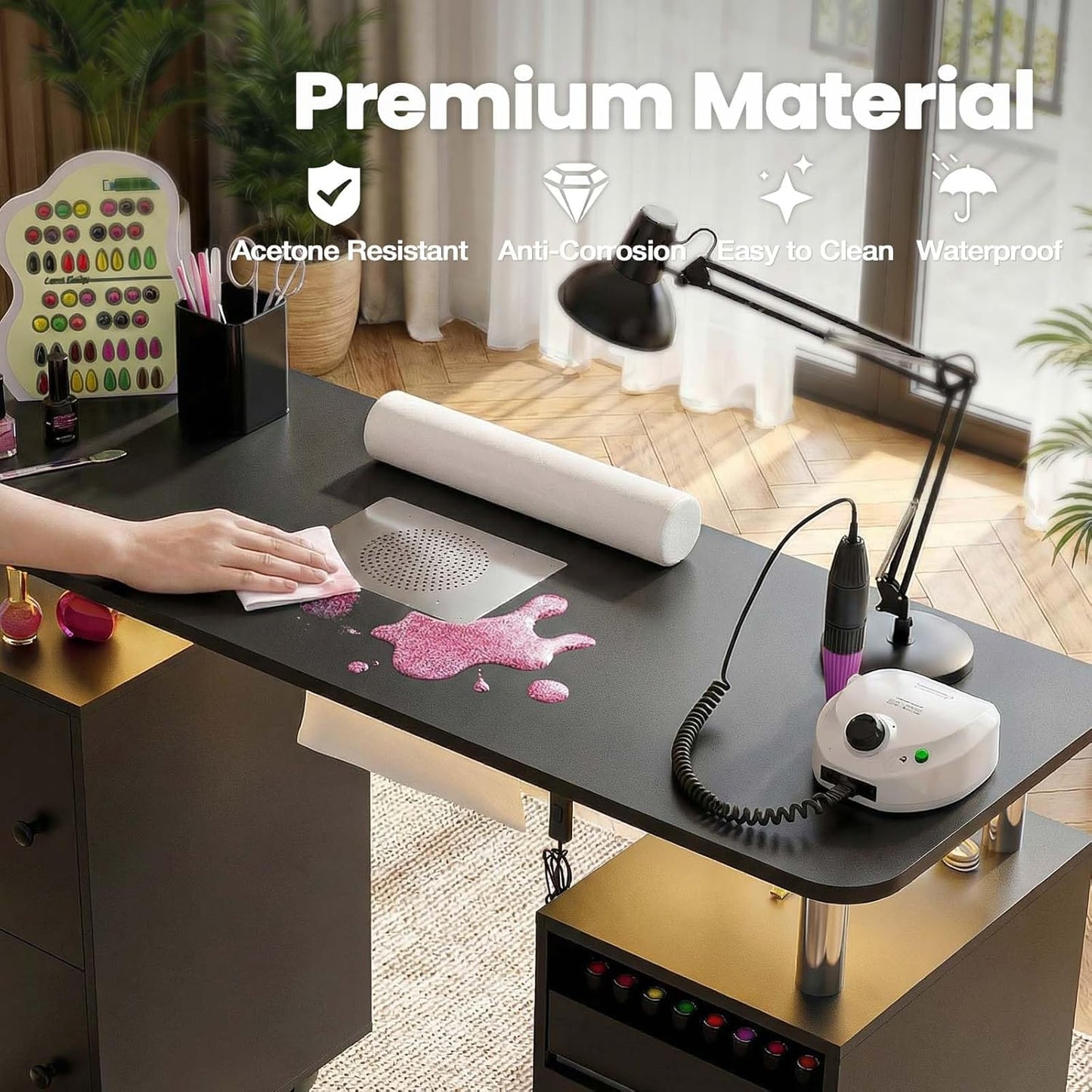 Skiennix Nail Tech Table - Rolling Manicure Desk with Dust Collector & LED Light | Acetone-Resistant, Black