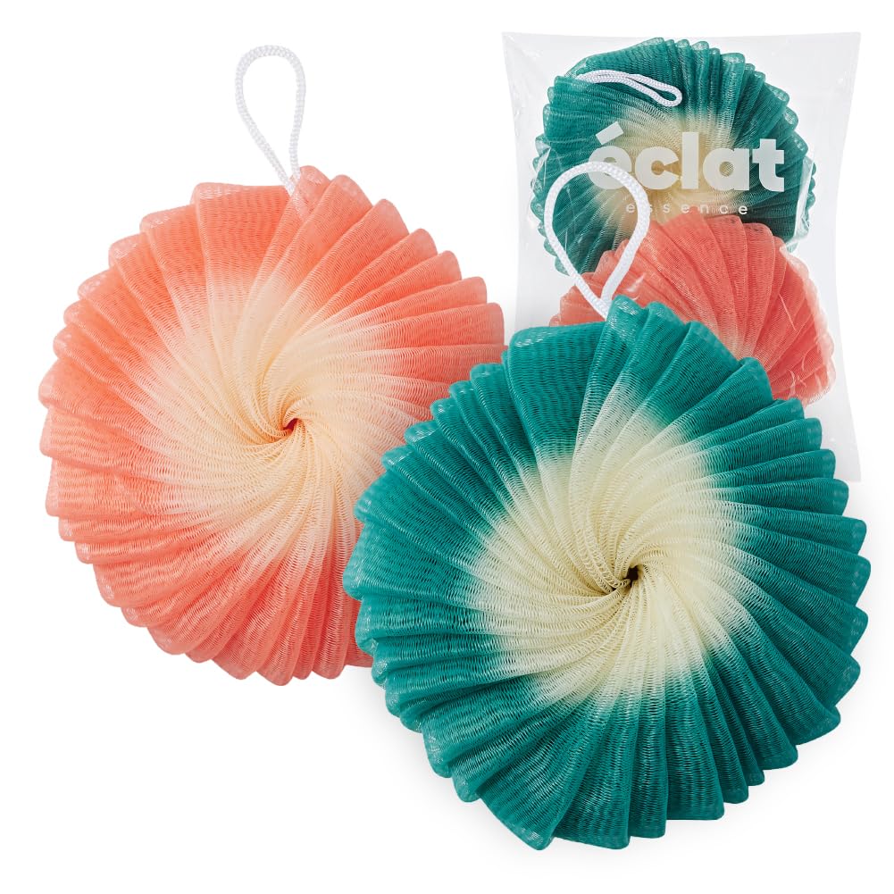 Éclat Mesh Bath Sponge Loofah Ball, Soft Exfoliating Body Scrubber for Wash, Rich-Lather Nylon Net Puff with Quick-Dry Hanging Loop, Gentle Daily Cleanser (Orange/Green, 2Pcs)