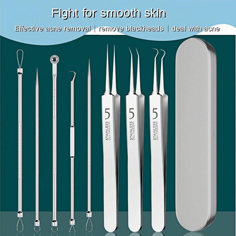 8-Piece Blackhead Remover Tool Kit - Professional Pimple Popper Extractor Set for Acne, Comedones, Whiteheads & Blemishes - Stainless Steel with Metal Case