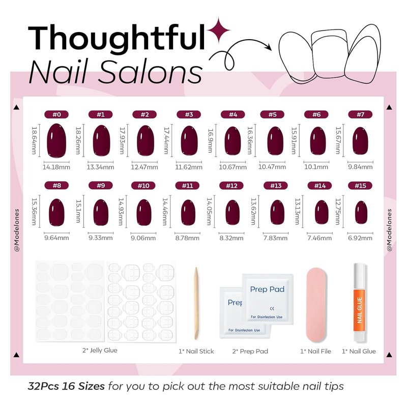 modelones Short Press on Nails, Oval Fake Nails Kit Press Ons with Nail Glue, Adhesive Tabs, Nail File, Prep Pad, Manicure Stick, 32Pcs 16 Sizes, Burgundy, Spring Women Girl Gift