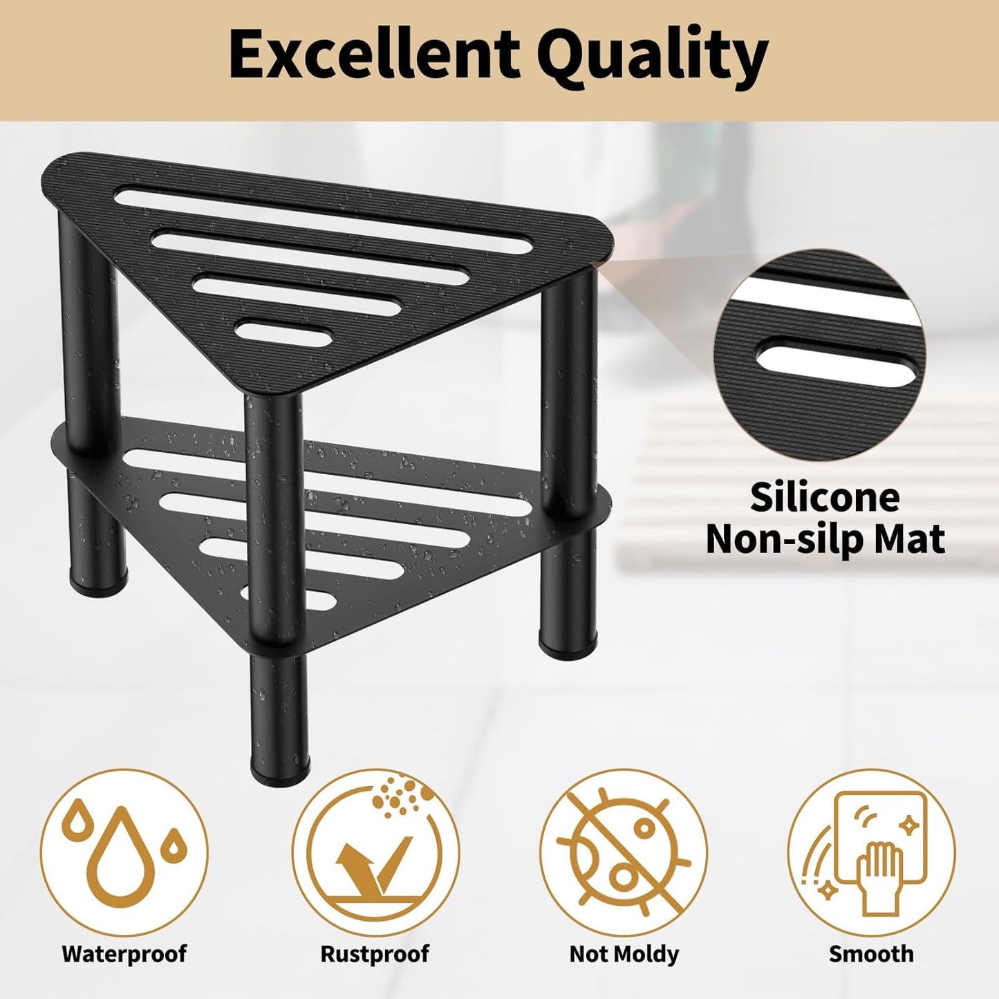Skiennix Rust-Proof Metal Corner Shower Foot Stool - Non-Slip Bath Bench with Storage Shelf | Black
