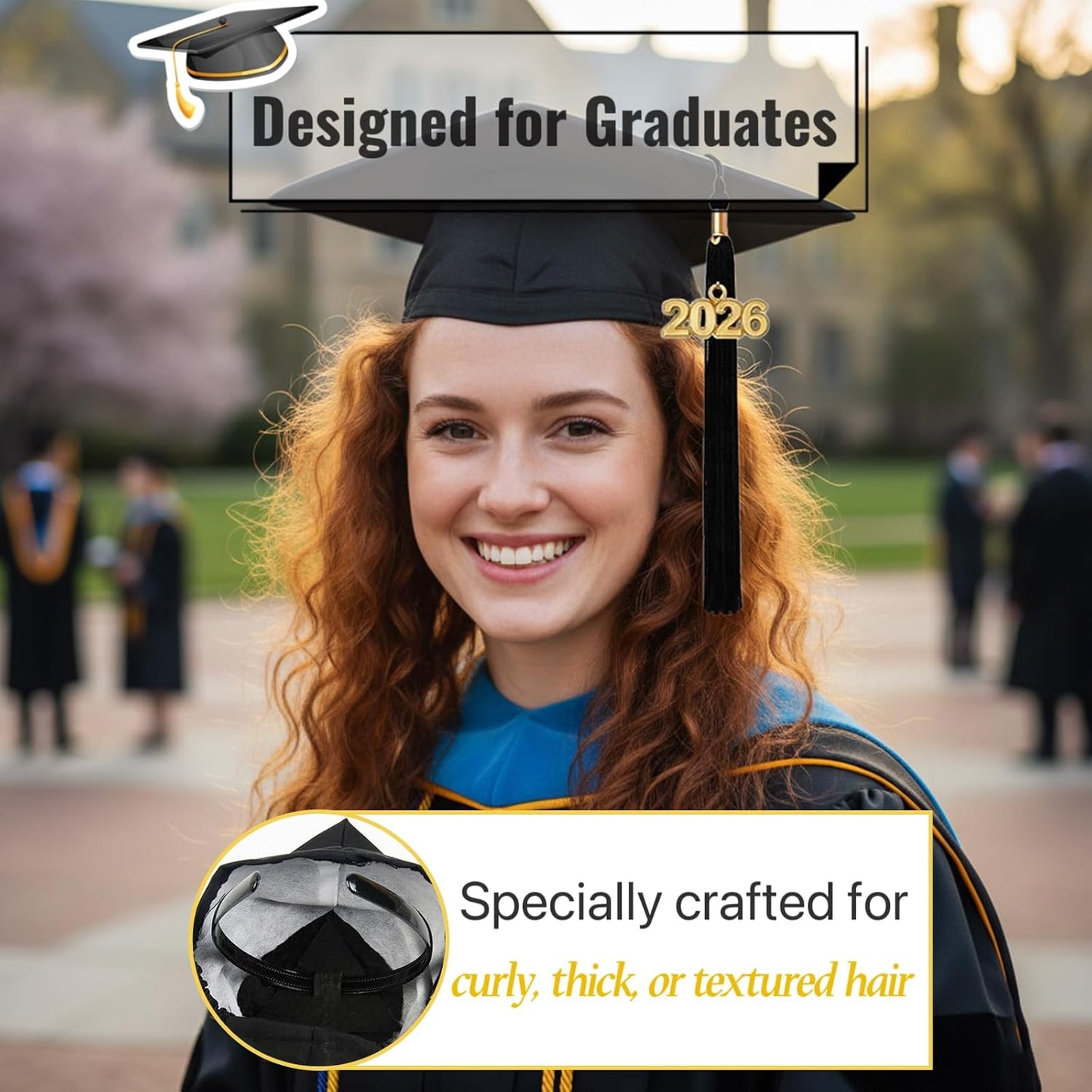 TERSE Graduation Cap Headband Insert for Hair, Secure Fit Grad Cap Head Band for Curly and Thick Natural Hair, No-Slip Headband for Graduation Caps for Women and Men, Black