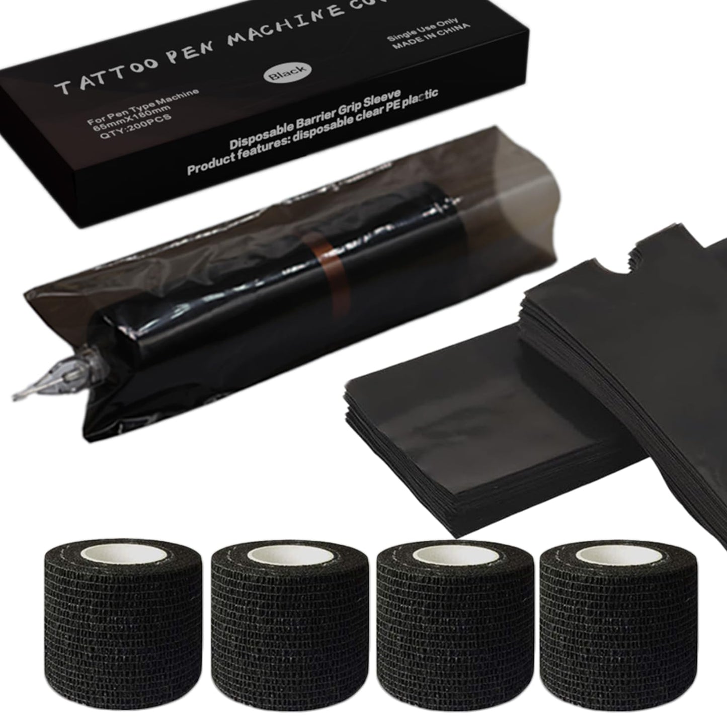 MIUXIA 204Pcs Tattoo Pen Covers & Grip Wrap - Black, 200 Covers & 4pcs Grip Tape, Tattoo Machine Parts