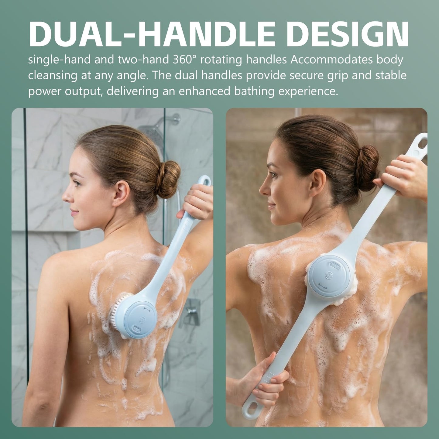 Electric Body Brush Back Scrubber for Shower, Waterproof Long Dual Handle Power Body Scrubber with 4 Heads, Bath Brush & 2 Speeds, for Deep Cleansing, Exfoliating and Massaging Skin (Blue)