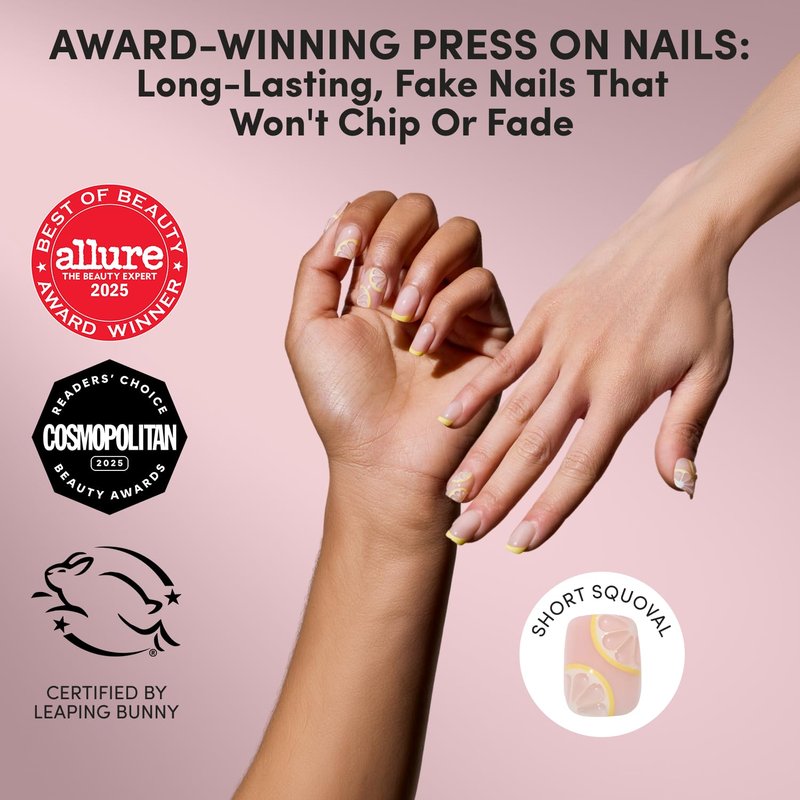 Glamnetic Press On Nails - Short Squoval Fake Nails with French Tips & Lemons | Salon Quality Summer Nails | Limonata |15 Sizes - 30 Nail Kit with Glue