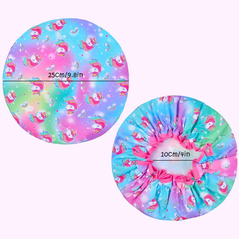 Olypegic Kids Shower Cap, 3 Pcs Girls Shower Cap for Kids Reusable Waterproof Adjustable Large Hair Cap Unicorn Mermaid Rainbow Cute Hair Cover Hat
