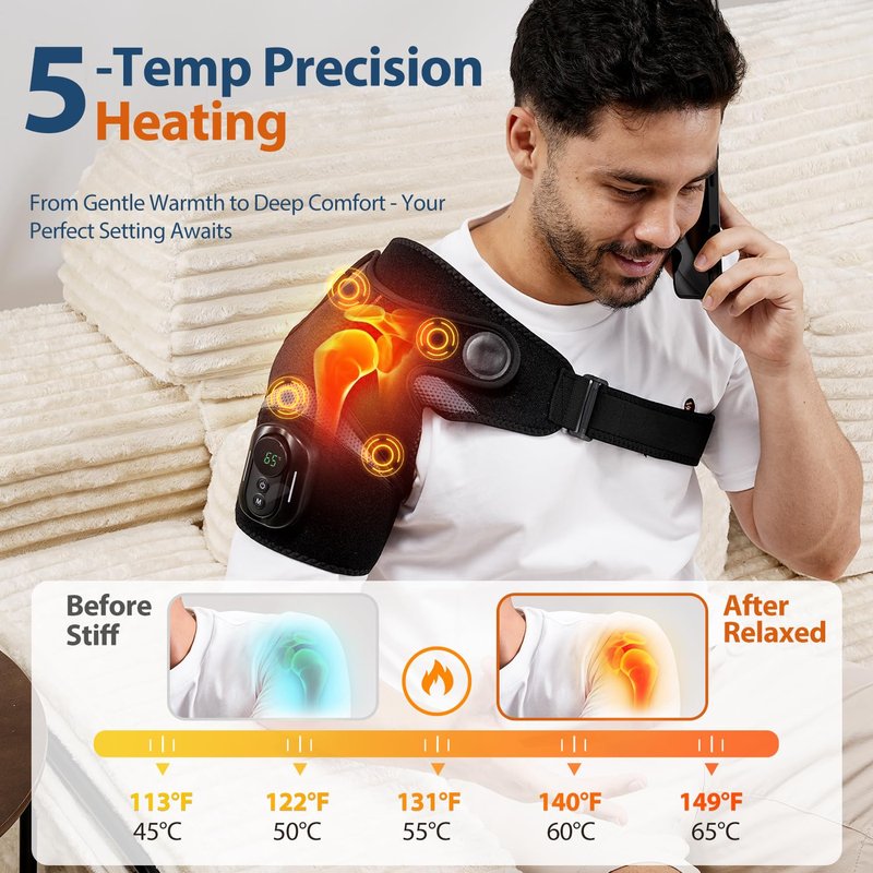 HOMRELEXA Magnetic Detachable Remote Control Shoulder Heating Pad - Cordless Heated Shoulder Massager Wrap with 5 Vibration Modes and 5 Heating Levels, Time Setting, Gift for Men & Women, Black