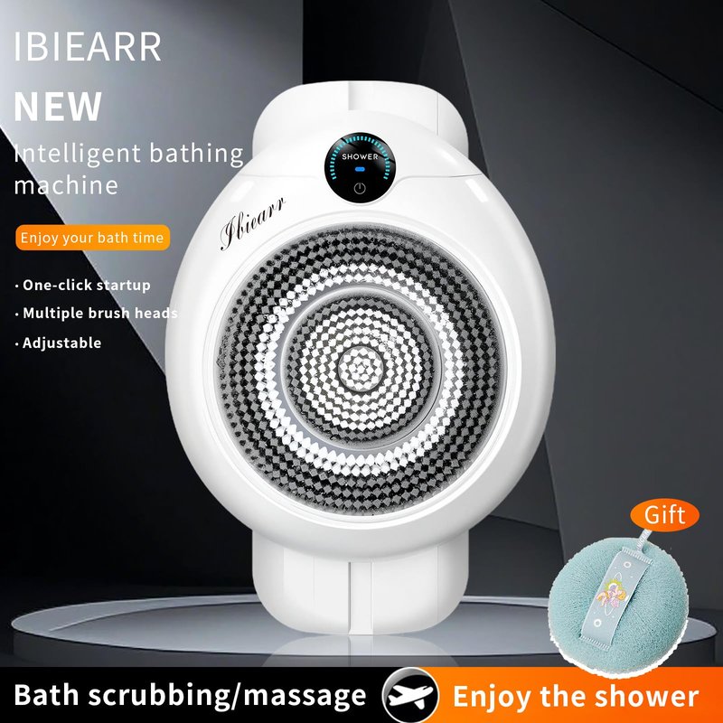 Electric Back Scrubber for Shower - Wall Mounted Exfoliating Brush, Hands-Free Automatic Body Scrubber, IPX7 Waterproof, 3-Speed Adjustment, 3 Replaceable Heads with Dry Brush (White)