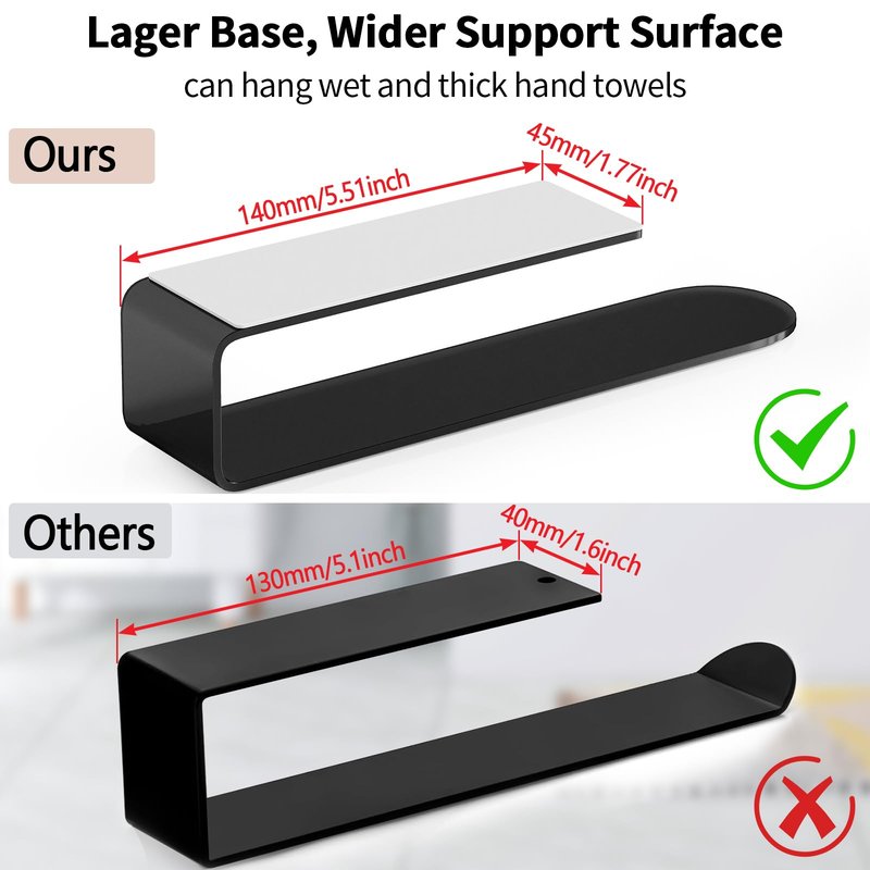Hand Towel Holder, Self Adhesive Towel Racks for Bathroom Wall Mounted, 8 Inch Square Hand Towel Bar Stick on Wall for Kitchen Cabinet RV, Black (2 Pack)
