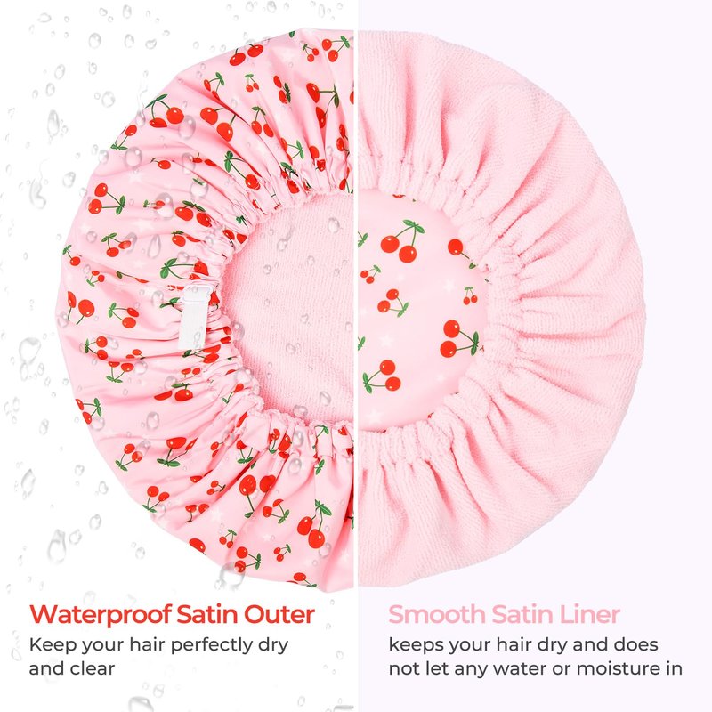 Shower Cap for Women Terry Lined Bath Cap Large Reusable Waterproof Elastic Band Pink Shower Caps for Long Thick Hair Soft Bath Shower Hair Caps