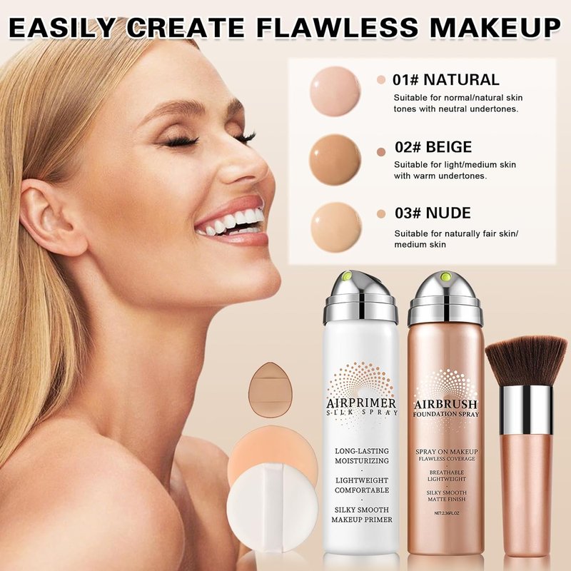 Air Brush Makeup Foundation & Primer - Hydrating, Buildable Coverage for Smooth, Radiant Skin | 01 Natural/Warm Porcelain