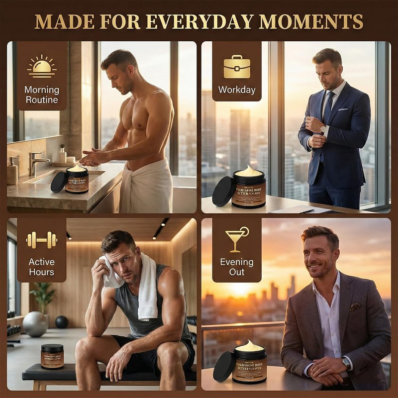 Allaura Beauty Pheromone Body Butter Men, Mens Skin Cream, Cologne-Inspired Fragrance Moisturizer with Shea Butter, Cocoa Butter & Coconut Oil, Non-Greasy Hydrating Body Cream - Woody Amber