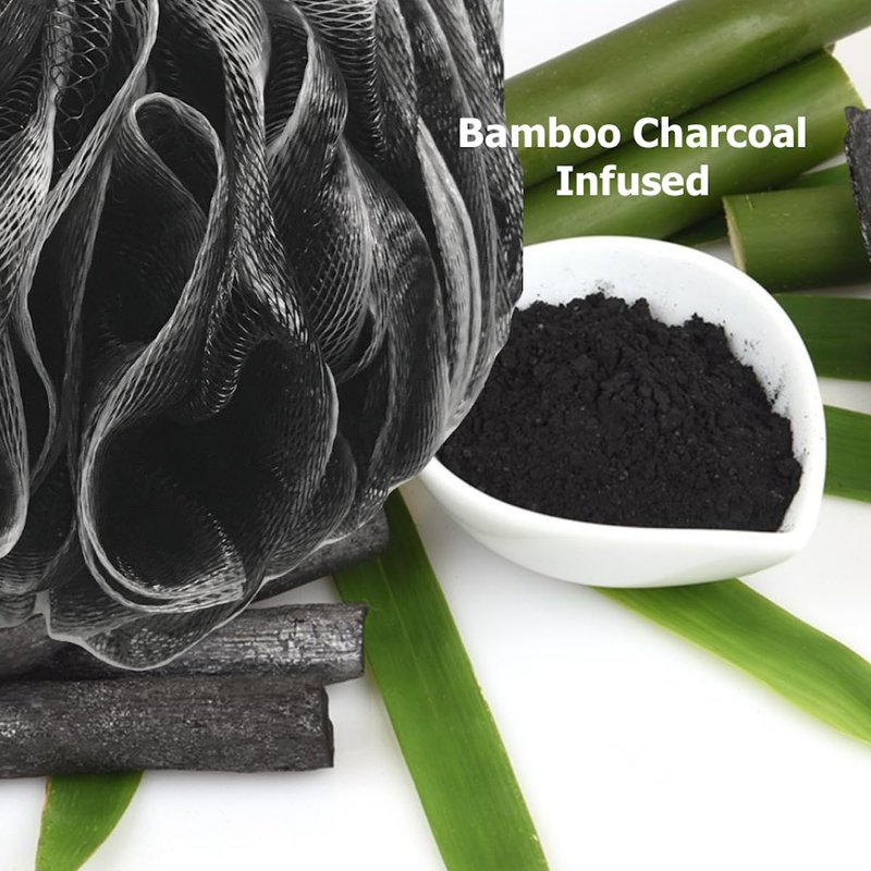 Loofah Charcoal Back Scrubber & Bath Sponge Set - 1 Long Handle Brush + 2 Extra Large 75g Soft Mesh Puffs | Unisex Exfoliating Tool
