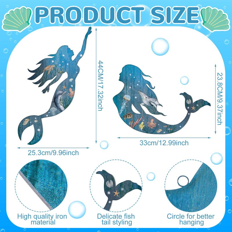 Pelopy 2 Pack Metal Mermaid Wall Art Rustic Bathroom Hanging Mermaid Wall Decor Blue Sculpture Decorations for Room Patio Swimming Pool Bathroom