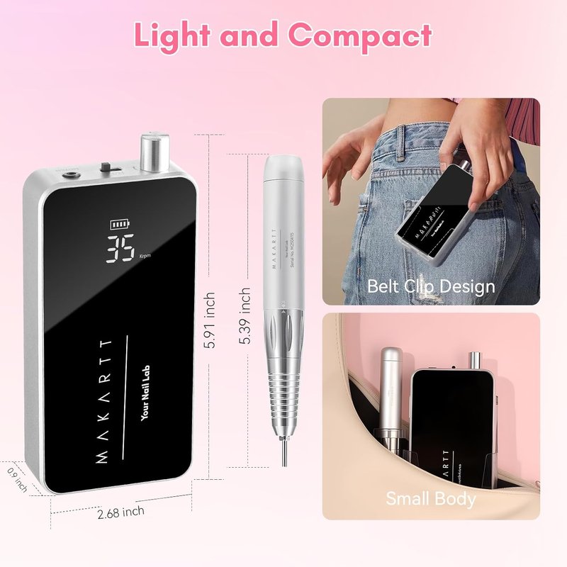 Makartt Nail Drill | Professional 35,000RPM Electric Nail File for Acrylic & Gel Removal - 60W Brushless Motor, Portable & Desktop, LCD Display, Rechargeable, Quiet, Nouvella Black
