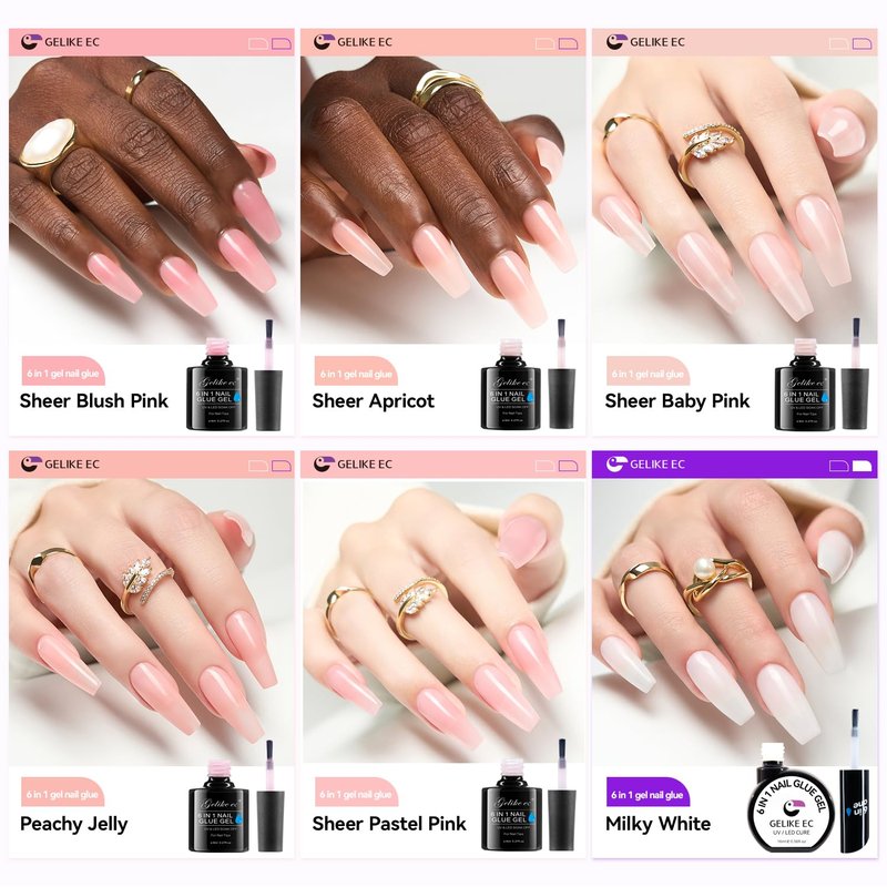 Gelike EC 6-in-1 Jelly Nail Glue Gel: Sheer Blush Pink UV Rubber Base Builder Gel for Apex Building & Short Extension – Extra Strong Adhesive for Press On & Acrylic Nail Tips for Home DIY Girls Gift