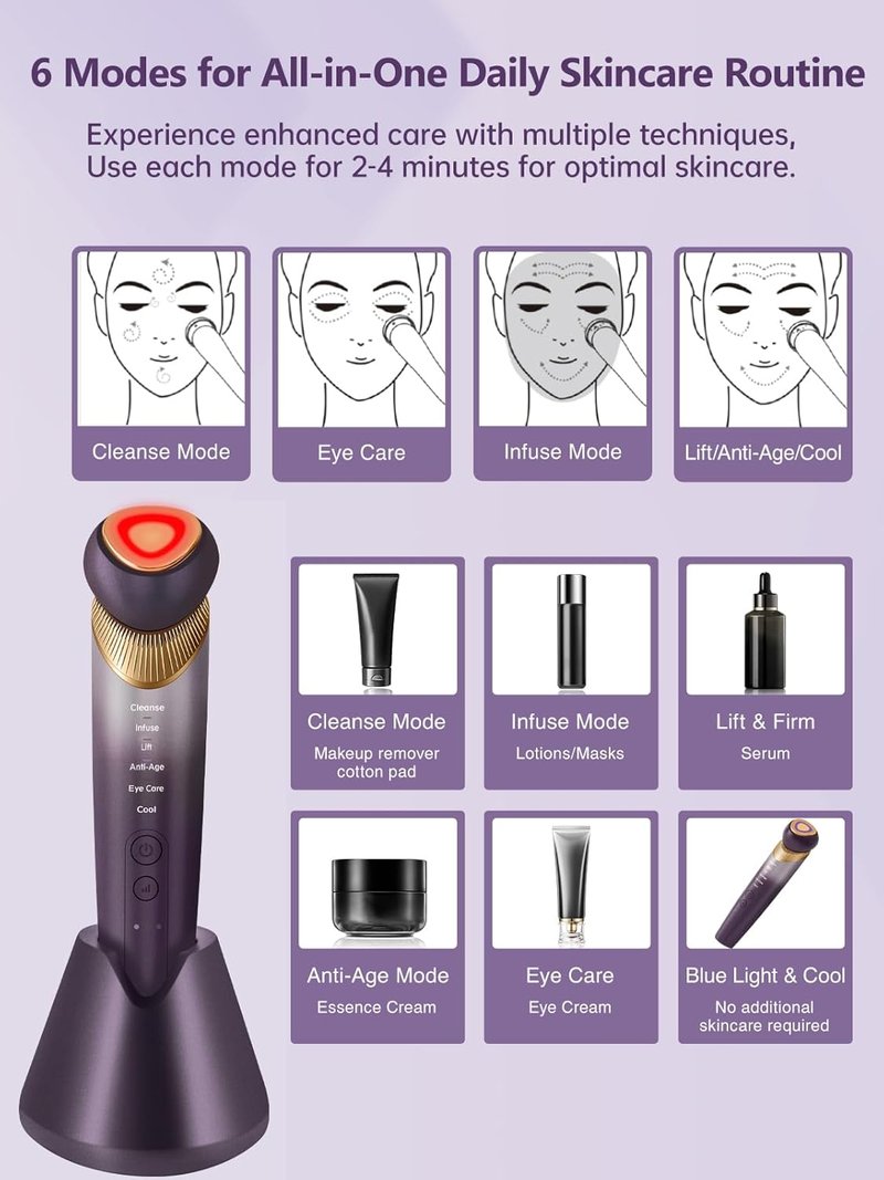 6-in-1 Age-Defying Skin Care Tool - Eye, Face & Neck Lift with 5-Color Light Therapy | Microcurrent, Vibration, Heat & Cooling (Purple)