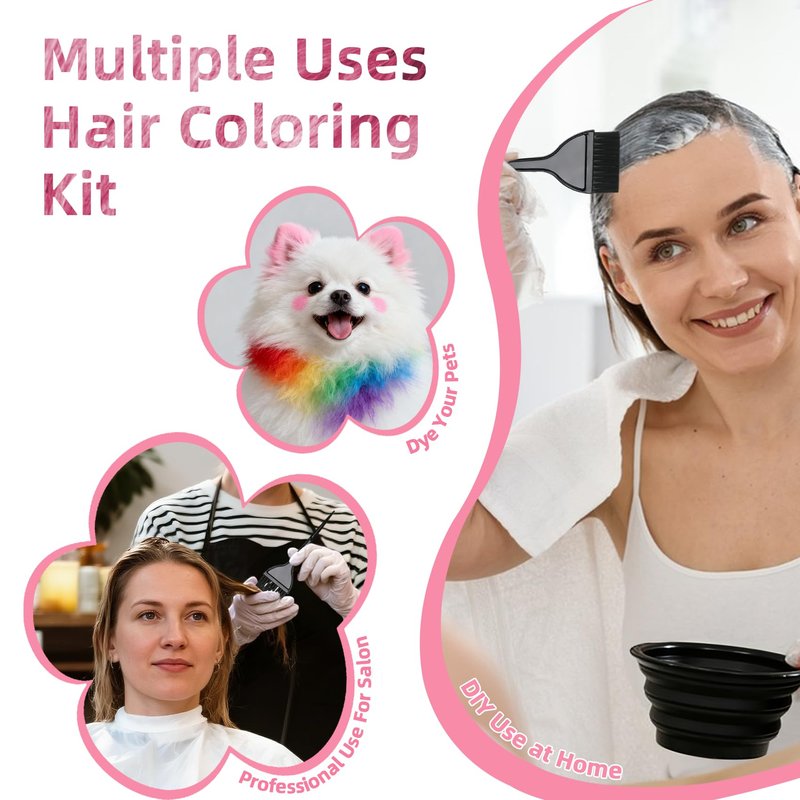 ROOHUA 8 Pcs Hair Coloring Kit - Professional Hair Dye Tools for Home Salon Use with Bowl, Brush, Comb, Clips, Gloves & Shower Cap - Reusable Supplies (8, Black)