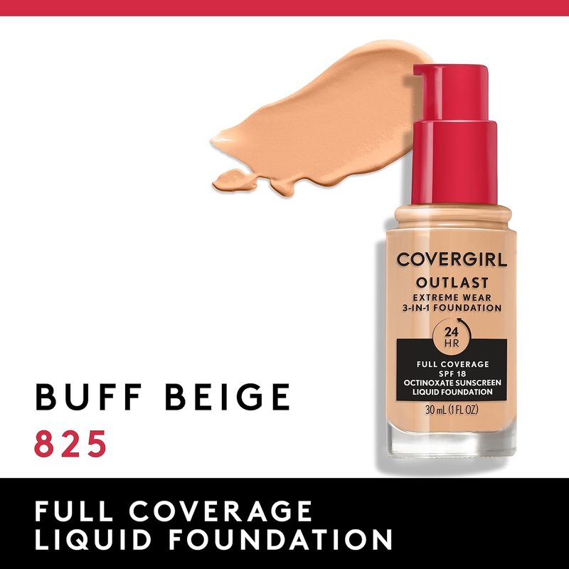 Covergirl Outlast Extreme Wear Foundation - Full Coverage Liquid with SPF 18 | Buff Beige, 1 Fl. Oz.