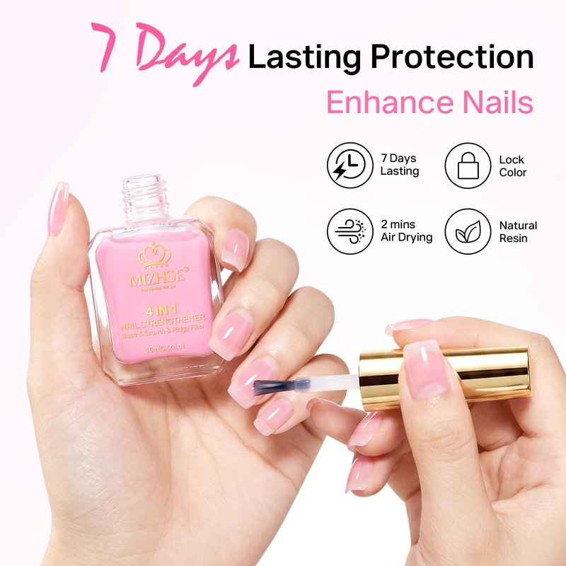 MIZHSE Nail Strengthener and Growth Nail Hardener Extra Strong and Growth, Nail Repair for Thin and Damaged Nails, Concealer Ridge Filler Foundation Polish Pink 16ML