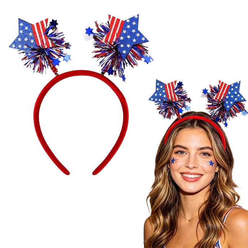 PODUOJIEYI 250th Anniversary Independence Day Headband Red White Blue American Flag Star Head Boppers with Glitter Tassel 4th of July Hair Accessories for Women Patriotic Party Favors