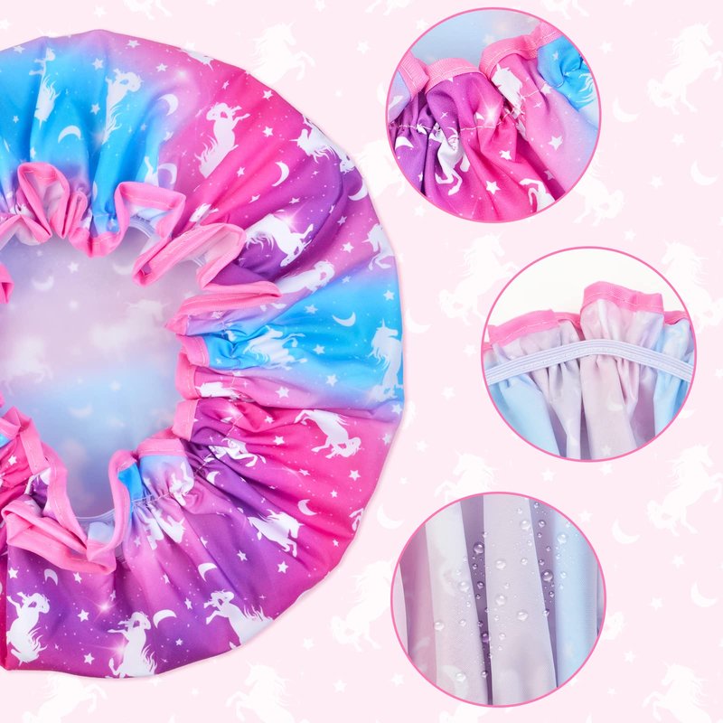 Olypegic Kids Shower Cap, 3 Pcs Girls Shower Cap for Kids Reusable Waterproof Adjustable Large Hair Cap Unicorn Mermaid Rainbow Cute Hair Cover Hat
