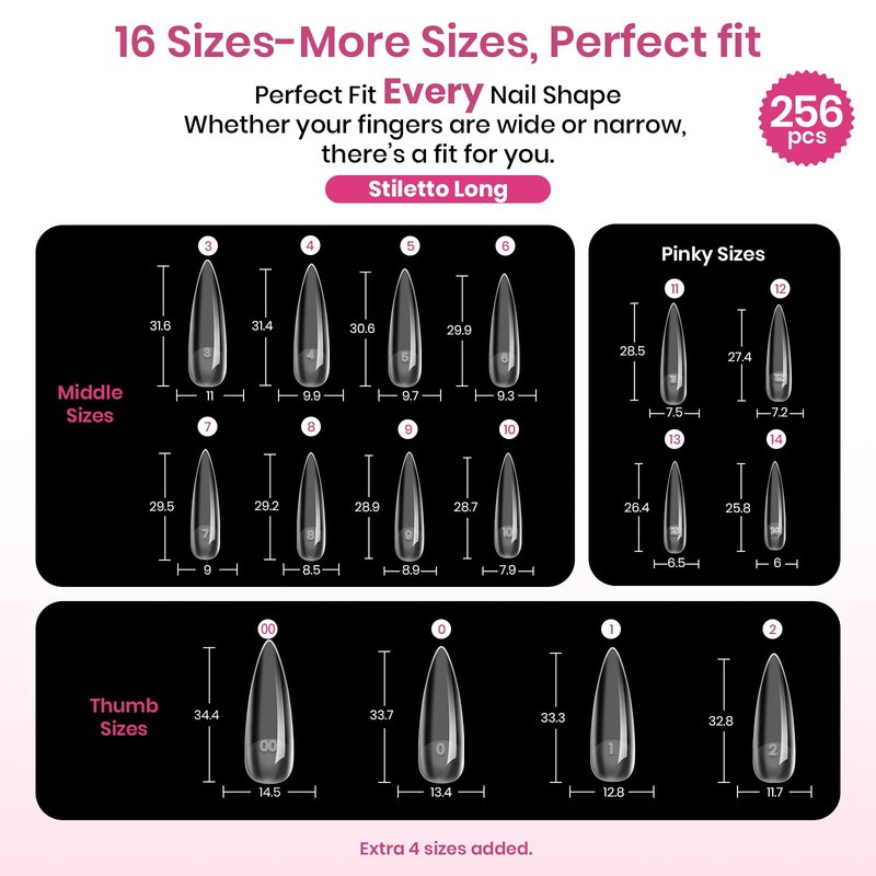Beetles Tipex Lite Pre-Built Instant Apex Nail Tips, Stiletto Long, 256pcs Value Pack, 16 Sizes | 00-14, Flat-Nail Friendly Acrylic Tips for Natural Nail Beds, Easy for Beginner DIY