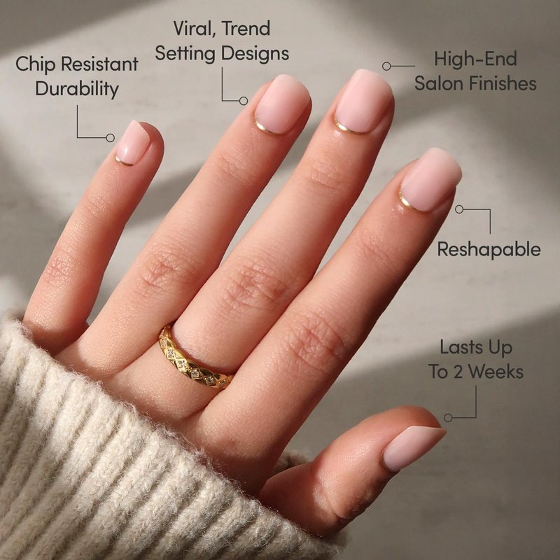 Glamnetic Press On Nails - Super Short Round Fake Nails, Nude Neutral Nails with Gold Reverse French Tip, Quiet Luxury | 12 Sizes - 30 Nail Kit with Glue