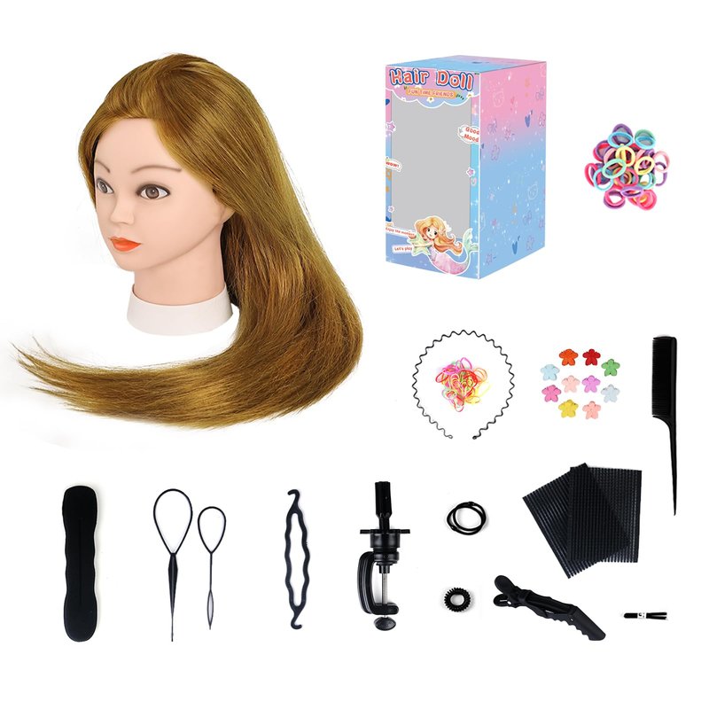 Mannequin Head with 70% Human Hair, 26" Light Brown Real Human Hair Training Head, Manikin Cosmetology Head with Clamp Holder & Tools, Practice Doll Head for Hair Styling, Braiding, Curling, Cutting