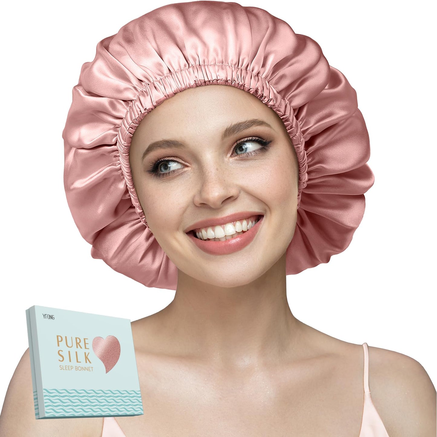 YFONG Double Layered 100% Silk Bonnet for Sleeping Women, 22 Momme Pure Mulberry Silk Sleep Cap with Adjustable Elastic Band Stay On Head，Reduce Frizz, Keep Hairstyle, Soft & Breathable, Pink, M