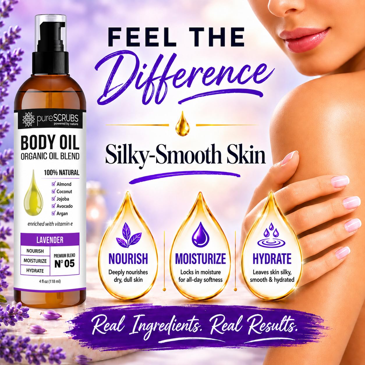 pureSCRUBS Ultra Moisturizing Lavender Body Oil for Dry Skin, Lightweight Full Body Moisturizer for Soft, Silky Skin, Massage & Cuticle Oil, Vitamin E Enriched, 4 oz