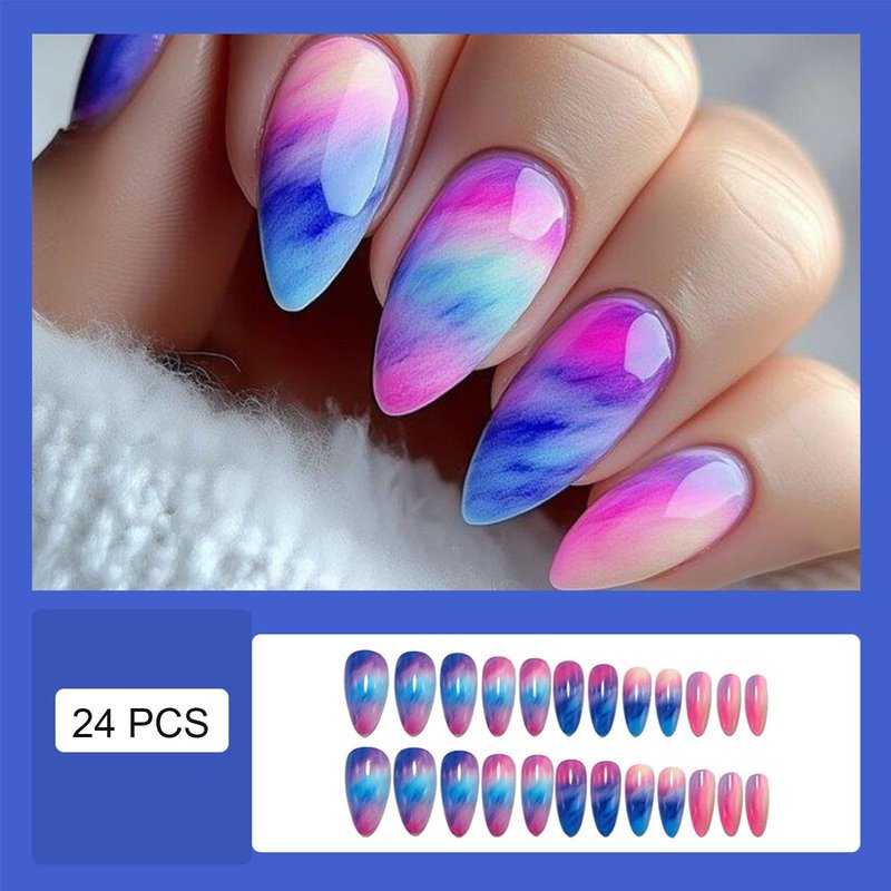 Colorful Gradient Press on Nails Medium Almond Fake Nails Summer Sunset False Nails Reusable Glossy Glue on Nail with Adhesive Stickers Full Cover Stick on Nail for Women 24Pcs