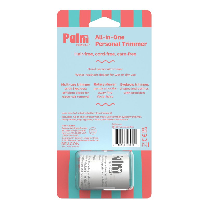 PalmPerfect All-in-One Personal Trimmer for Women – 3-in-1 Facial Hair Remover & Eyebrow Shaper – Wet/Dry Waterproof Grooming Kit with Rotary, Reciprocal & Precision Attachments