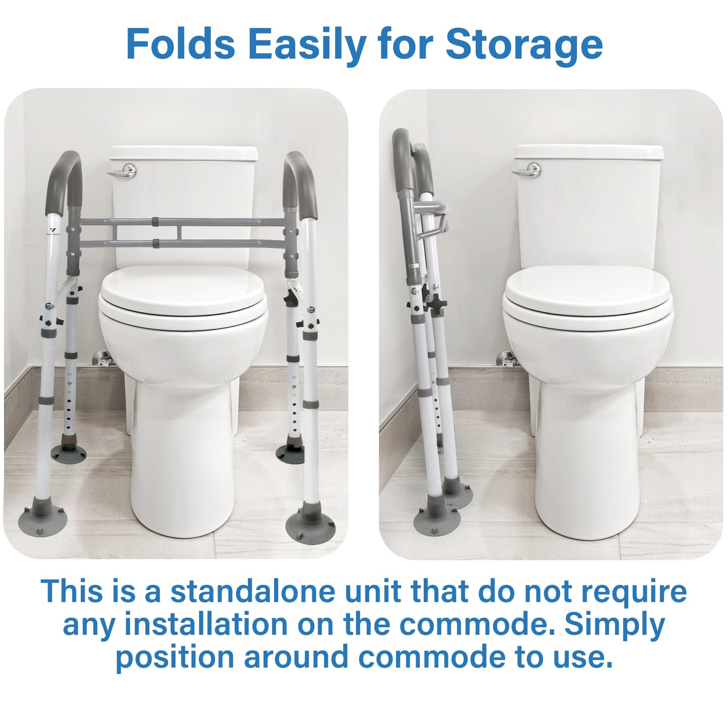 Vaunn Medical Adjustable Toilet Safety Rail for Seniors, Foldable Toilet Safety Frame for Elderly Adults, Bathroom Grab Bar Handle, Toilet Handle for Elderly & Disabled, Free-Standing (Gray)