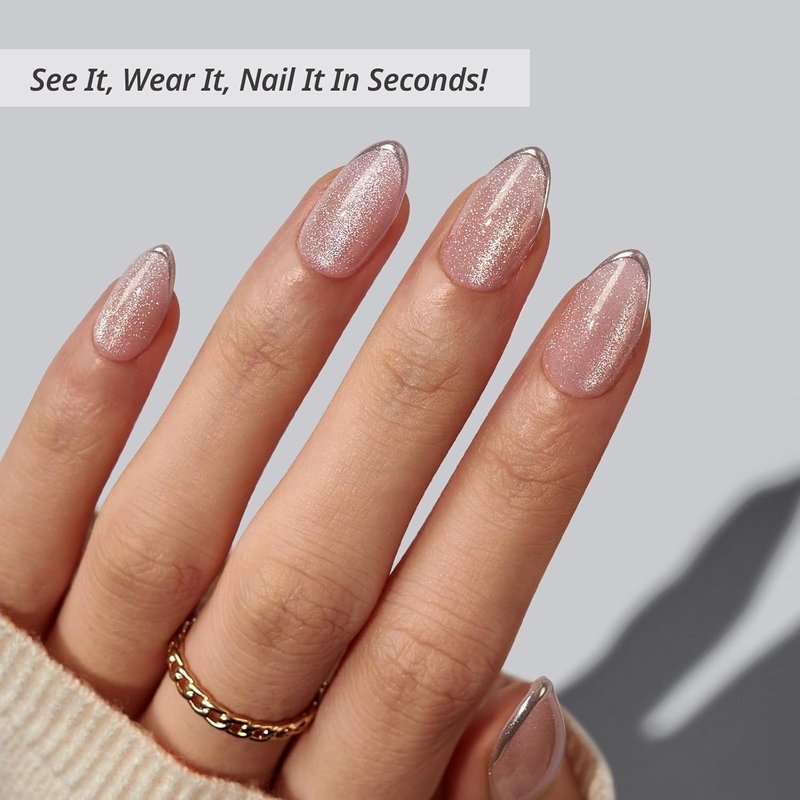 Press On Nails Almond - Blush Icicle | Lamp-Curable Cat Eye 3D Silver French Tip Short Nails with Glue & Adhesive Tabs - 16 Sizes Included