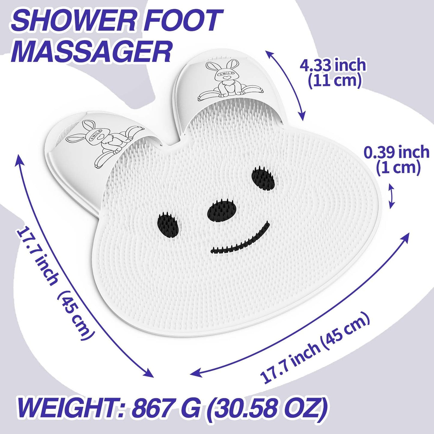 Manmihealth Extra-Large Shower Foot Scrubber Mat with Non-Slip Suction Cups, Rabbit-Shaped Silicone Foot Scrubber in Shower for Men & Women (White)