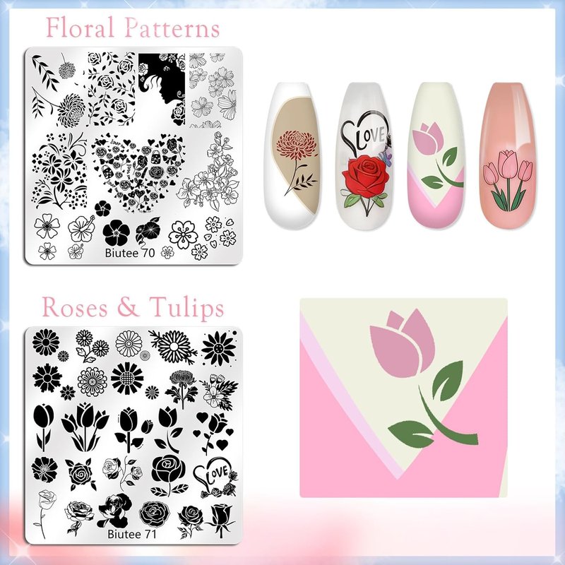Biutee Nail Stamping Kit - 15 Floral & Animal Plates with Clear Stamper & Scrapers | DIY Nail Art for Beginners